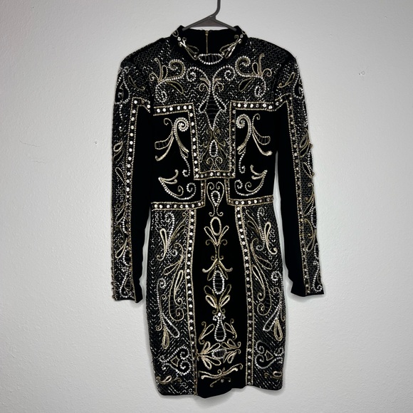 BEBE EMBELLISHMENT BODYCON MINI DRESS LONG SLEEVE BLACK - Picture 3 of 8